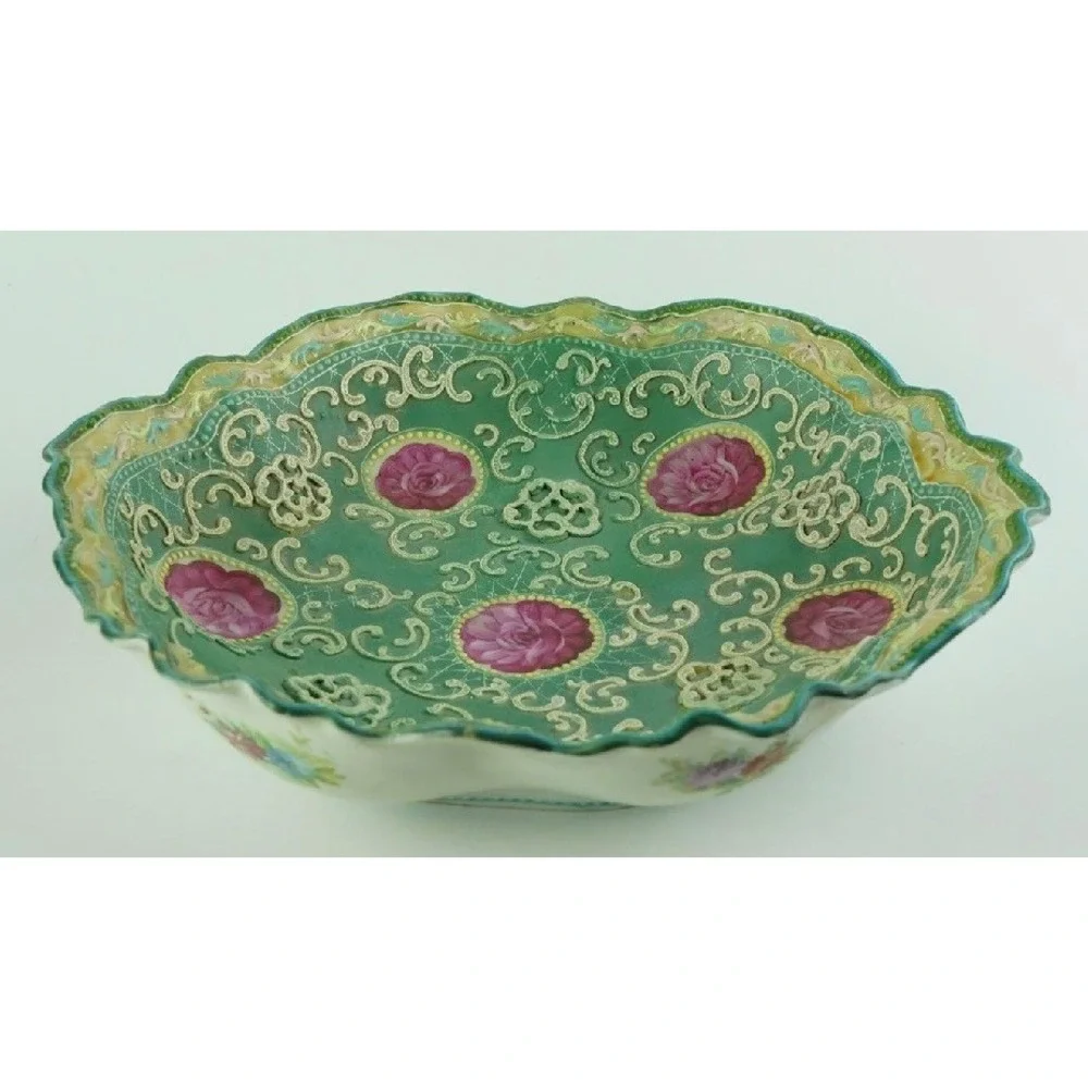 Antique Nippon Moriage Porcelain Lidded Jar and Bowl Set Pink Roses Teal 1890s